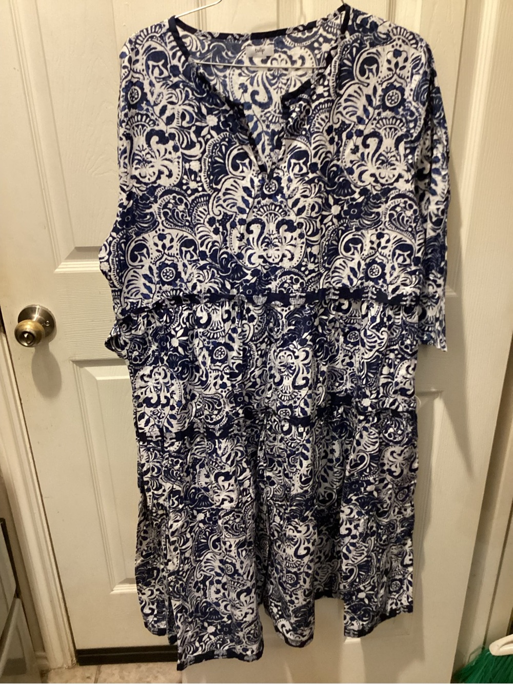 Blue and White Printed Midi Dress with V-Neck